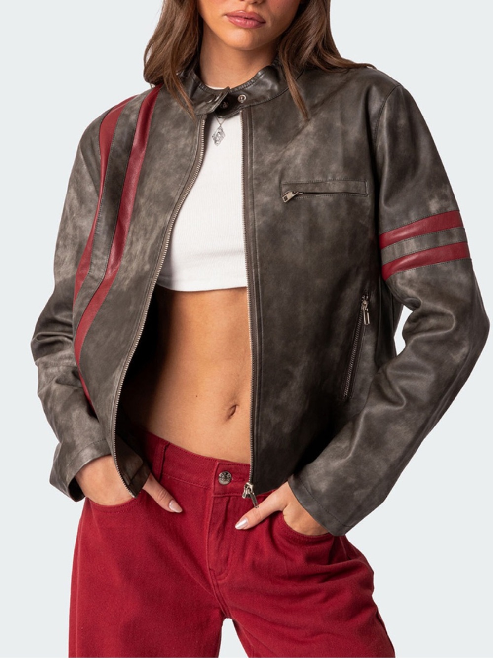 Edikted Gray Leather Jacket with Red Stripe Accents